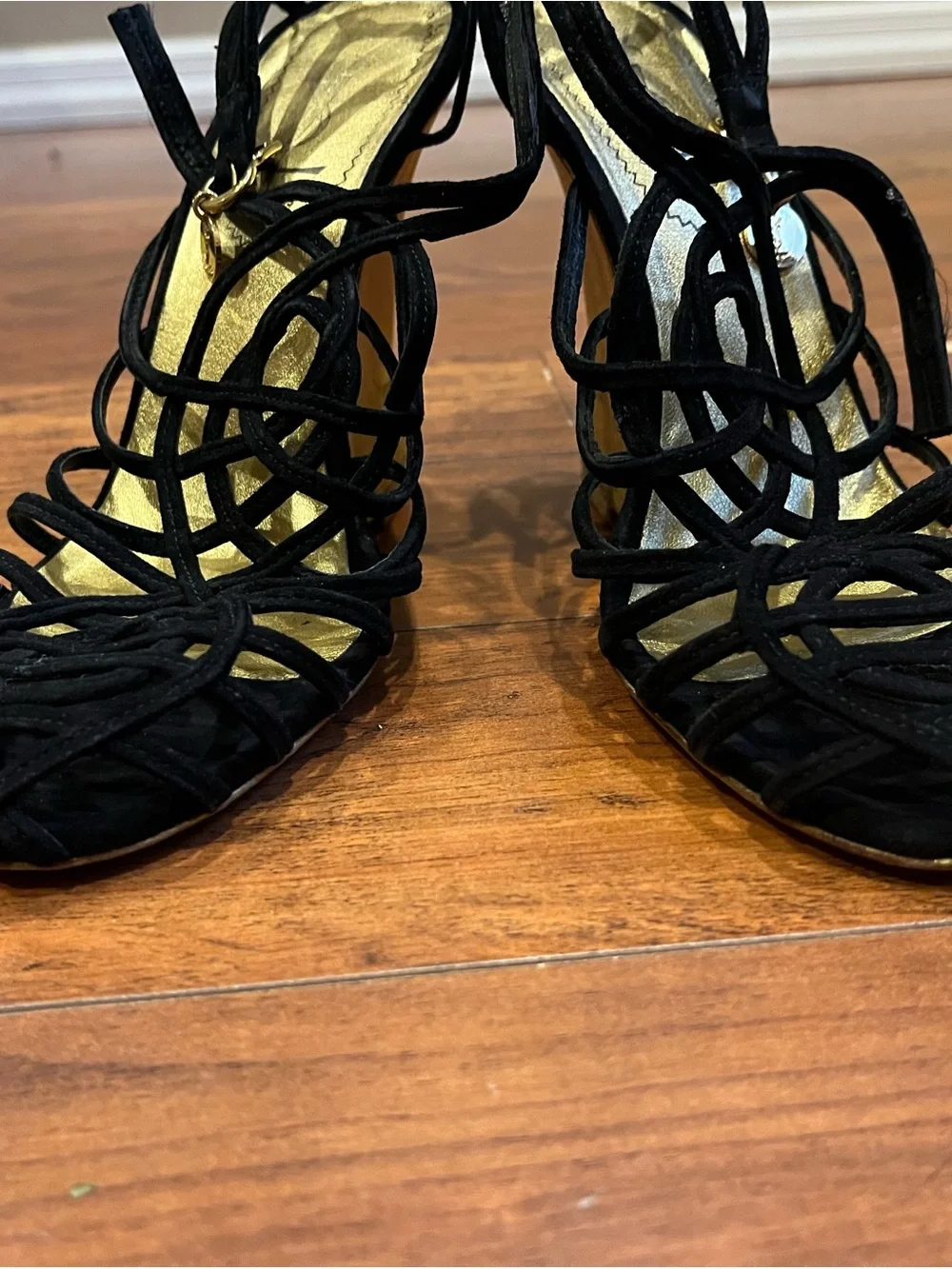 Saint Laurent Black Strappy Wedge Sandals with Gold Wedge Heel size 37